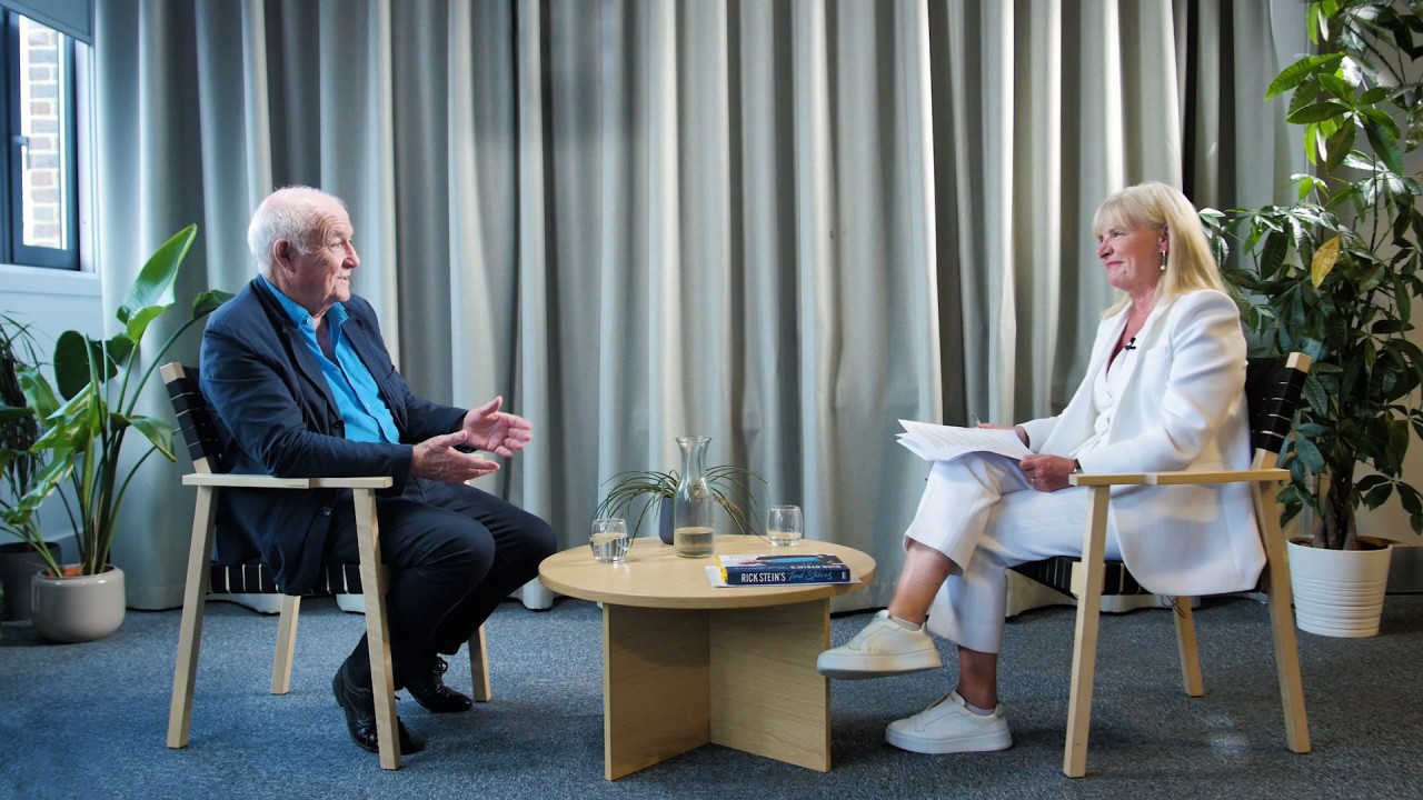 British event host Gaby Huddart interviews chef Rick Stein